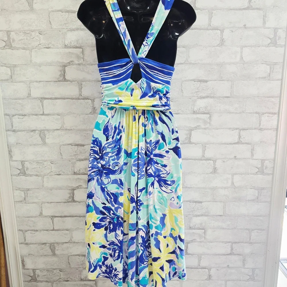 Lilly Pulitzer XS Blue White Striped Floral Tropical V-Neck Cross Back Dress - Picture 7 of 11